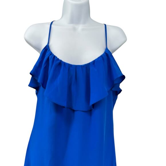 Britt Ryan 100% Silk Saphire Blue Mini Shift Dress Ruffle Top Spaghetti Strap XS - Picture 2 of 6